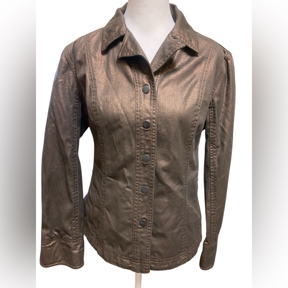 Coldwater Creek Metallic Bronze Snap Front Jacket Size 12P Lightweight Pockets